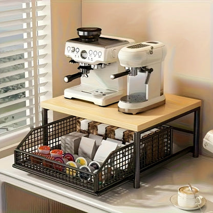 2-Tier Kitchen Countertop Organizer with Drawer & Wire Basket, Hardwood & Metal Storage Shelf for Coffee Maker