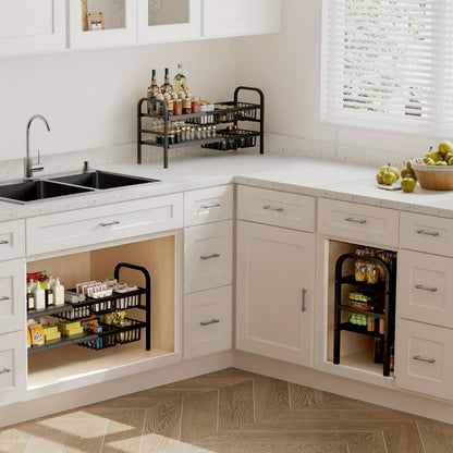 Expandable Under Sink Organizer 2-Tier Cabinet Shelf with 5 Removable Panels & 5 Baskets, Adjustable Under Sink Storage Rack for Kitchen