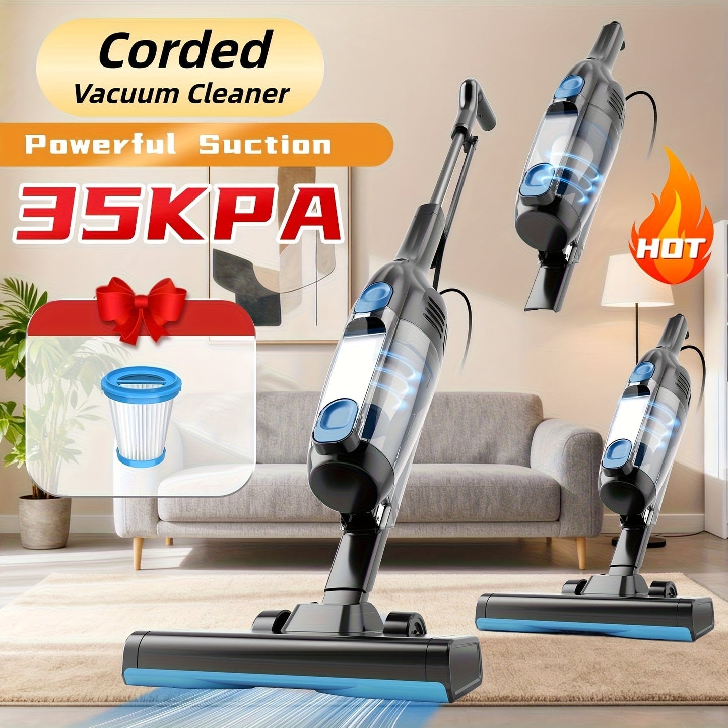 Stick and Handheld Vacuum Cleaner with LED Floor Head, Six Cordless Colors or Black Wired Model