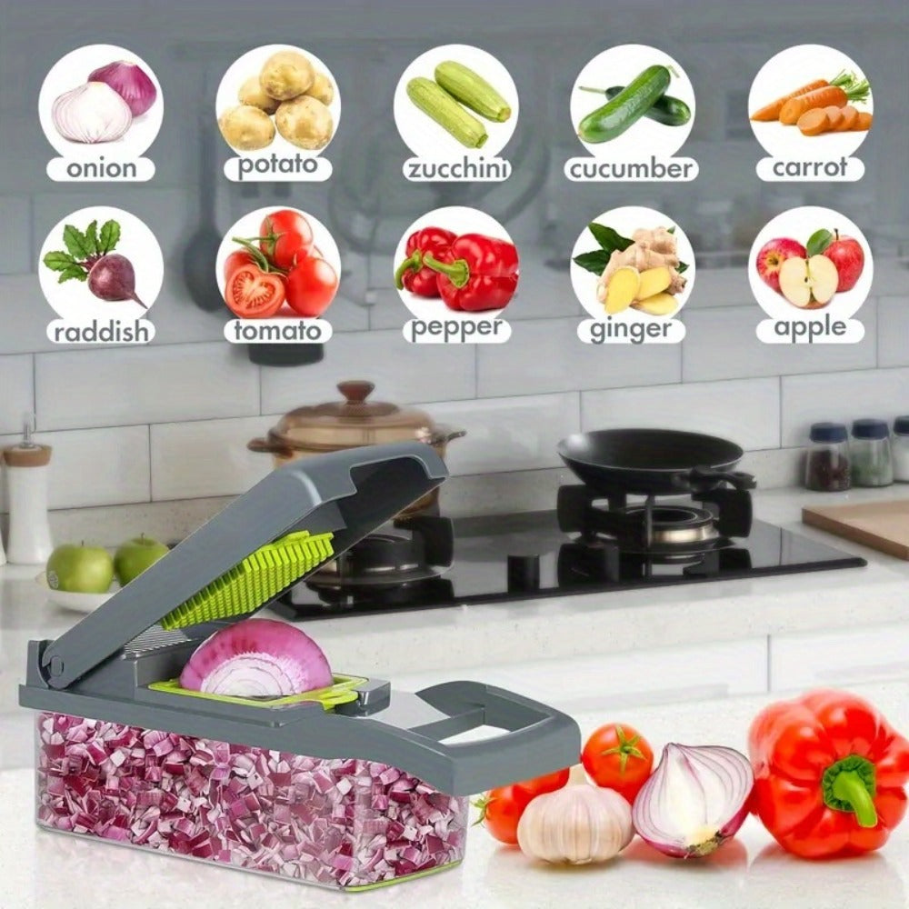 16-in-1 Vegetable Chopper with Clear Container, Eight Blade Inserts, Cleaning Button and Green Accessory Set