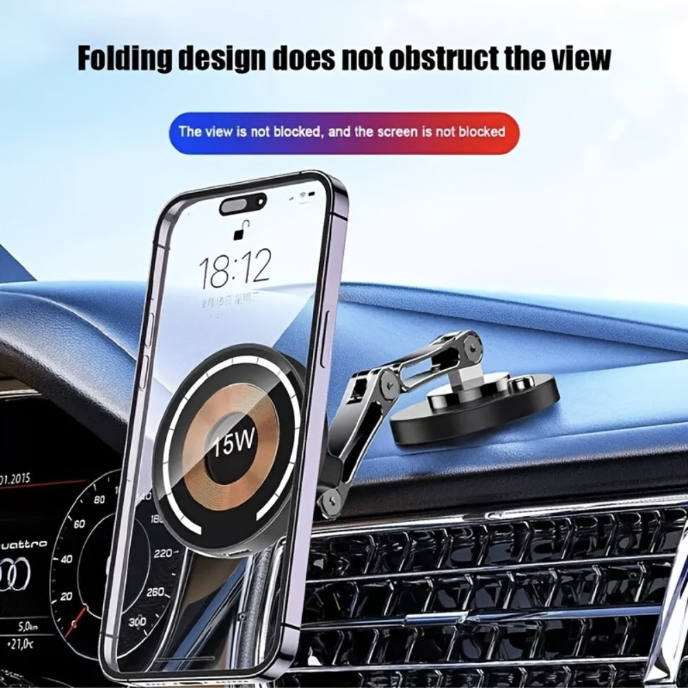 Magnetic Wireless Charging Car Mount with 15W Label, Folding Arm, 360-Degree Rotation and Black Finish