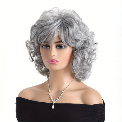 Synthetic Wig 14-Inch Short Curls with Slanted Bangs and Rose Net Cap in Three Colors for Daily Styling