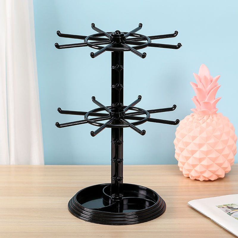 Jewelry Organizer 2-Tier Rotating Black Plastic Stand for Necklaces, Bracelets, Earrings and Keychains