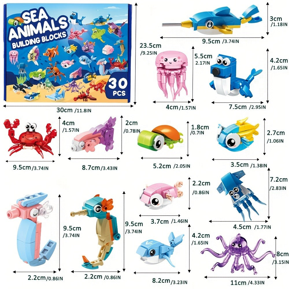 Ocean Mini Building Blocks 30-Pack Party Favors for Kids, Marine-Themed Mini Brick Sets for Birthday Goodie Bags