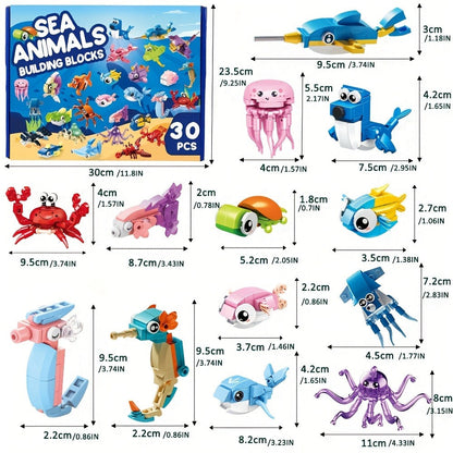 Ocean Mini Building Blocks 30-Pack Party Favors for Kids, Marine-Themed Mini Brick Sets for Birthday Goodie Bags