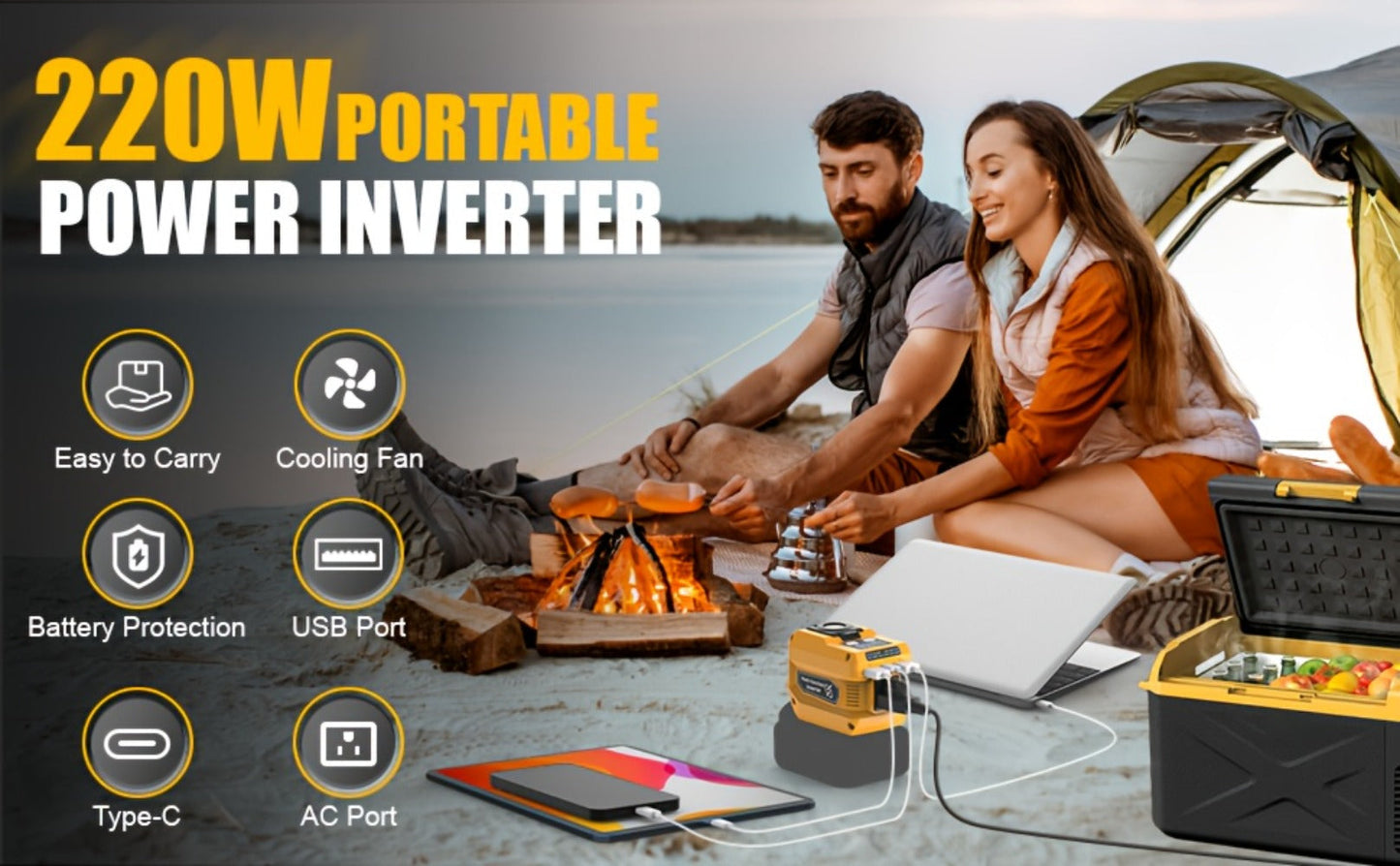 Portable Power Inverter 200W – DeWalt 20V Battery Compatible, DC to AC 110V, 2 USB + Type-C Fast Charging, 400LM Work Light, for Car