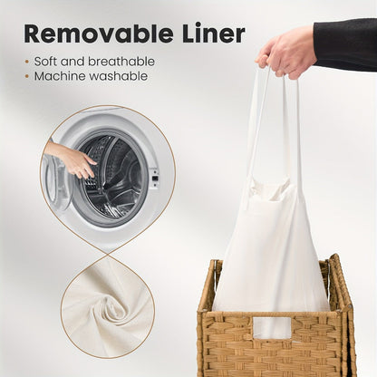 Lidded Woven Laundry Hamper with Removable Liner in Goose Yellow or Dove Gray and Two Capacity Labels