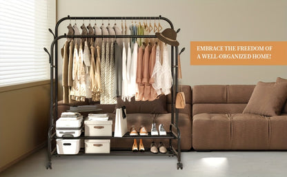 Black or Gold-Color Double-Rod Clothing Rack with Wheels, Side Hooks and 150 x 110 x 46 cm Frame