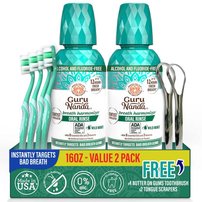 GuruNanda Alcohol Free Mouthwash 2 Pack 16 oz Each Fluoride Free Oral Rinse with 8 Essential Oils Sodium
