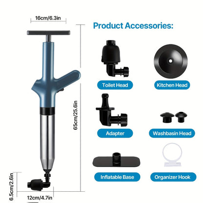 High-Pressure Air Drain Blaster with Real-Time Pressure Indicator – Stainless Steel Toilet Plunger & Sink Drain Unclogger