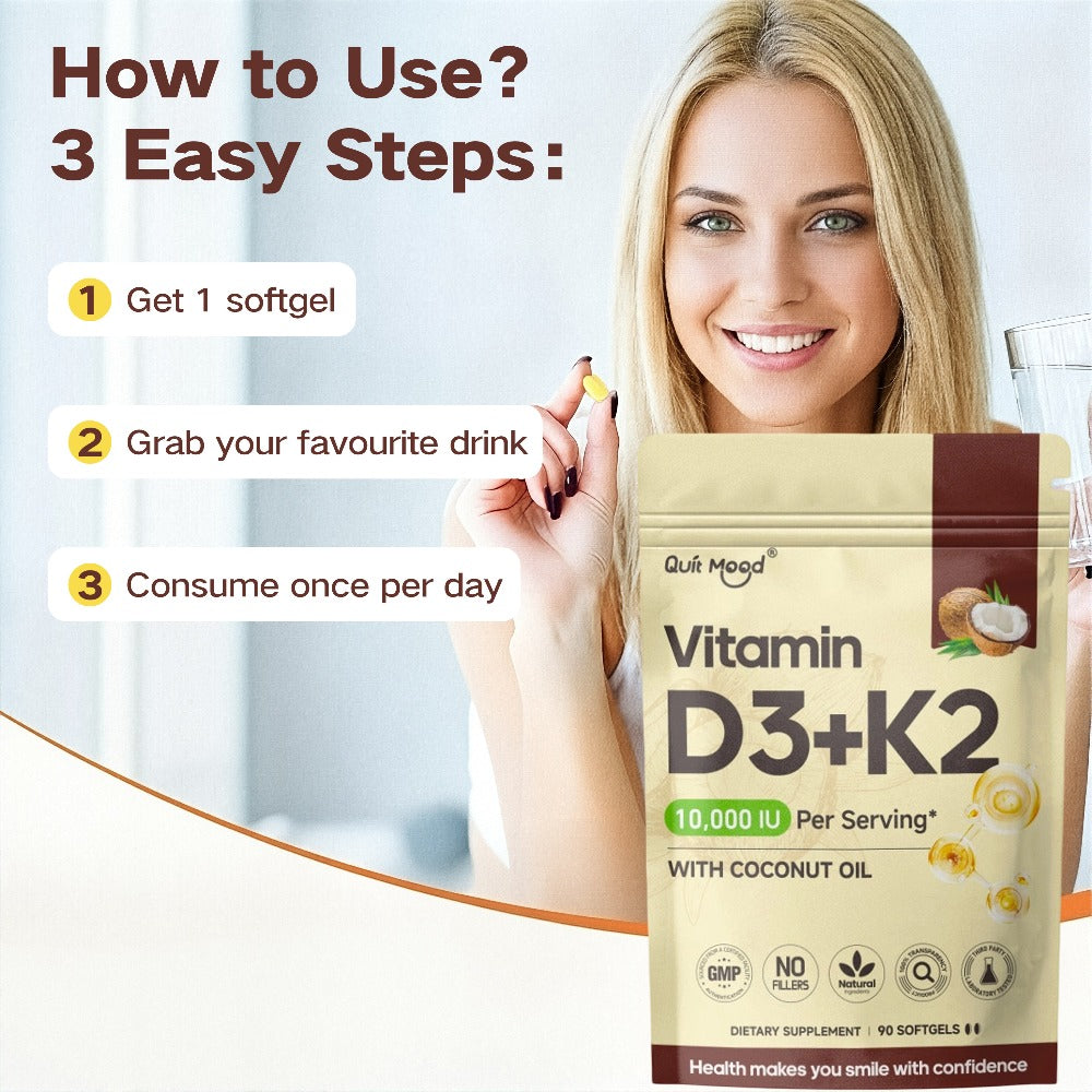 Vitamin D3 10000 IU + K2 MK-7 200mcg Softgels 90 Count with Extra Virgin Coconut Oil for Bath Time, Home Spa and Personal Care