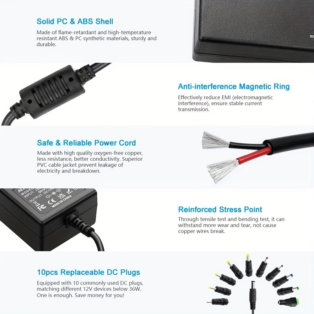Fixed 12V 3A AC/DC Power Adapter with 36W Label, US Plug and Ten Interchangeable Connector Tips