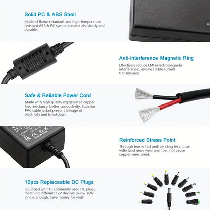 Fixed 12V 3A AC/DC Power Adapter with 36W Label, US Plug and Ten Interchangeable Connector Tips