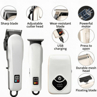 Hair Clippers & Trimmers KLY White Full-Size Clipper with LCD Display, USB Charging and Guide Comb Set