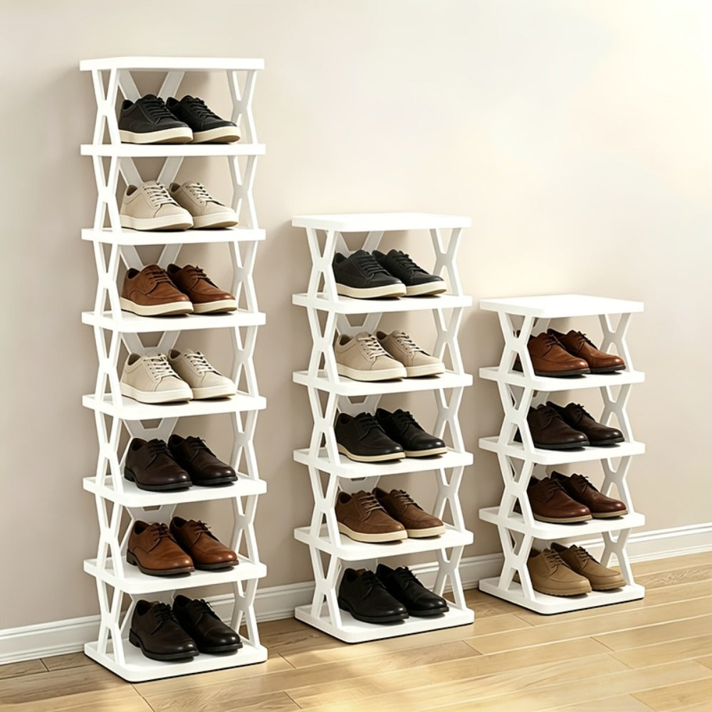 Narrow X-Frame Shoe Rack in Black or White with Six- or Nine-Layer Checkout Configurations