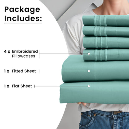 Fitted Sheet Set 6-Piece Brushed Polyester Deep Pocket Bed Sheets 20 Colors Hotel Luxury Bedding with Embroidered Pillowcases