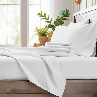 Bamboo Cooling Sheet Set 4pcs, Deep Pocket Fitted Sheet Flat Sheet Pillowcases for Hot Sleepers Twin Full Queen King