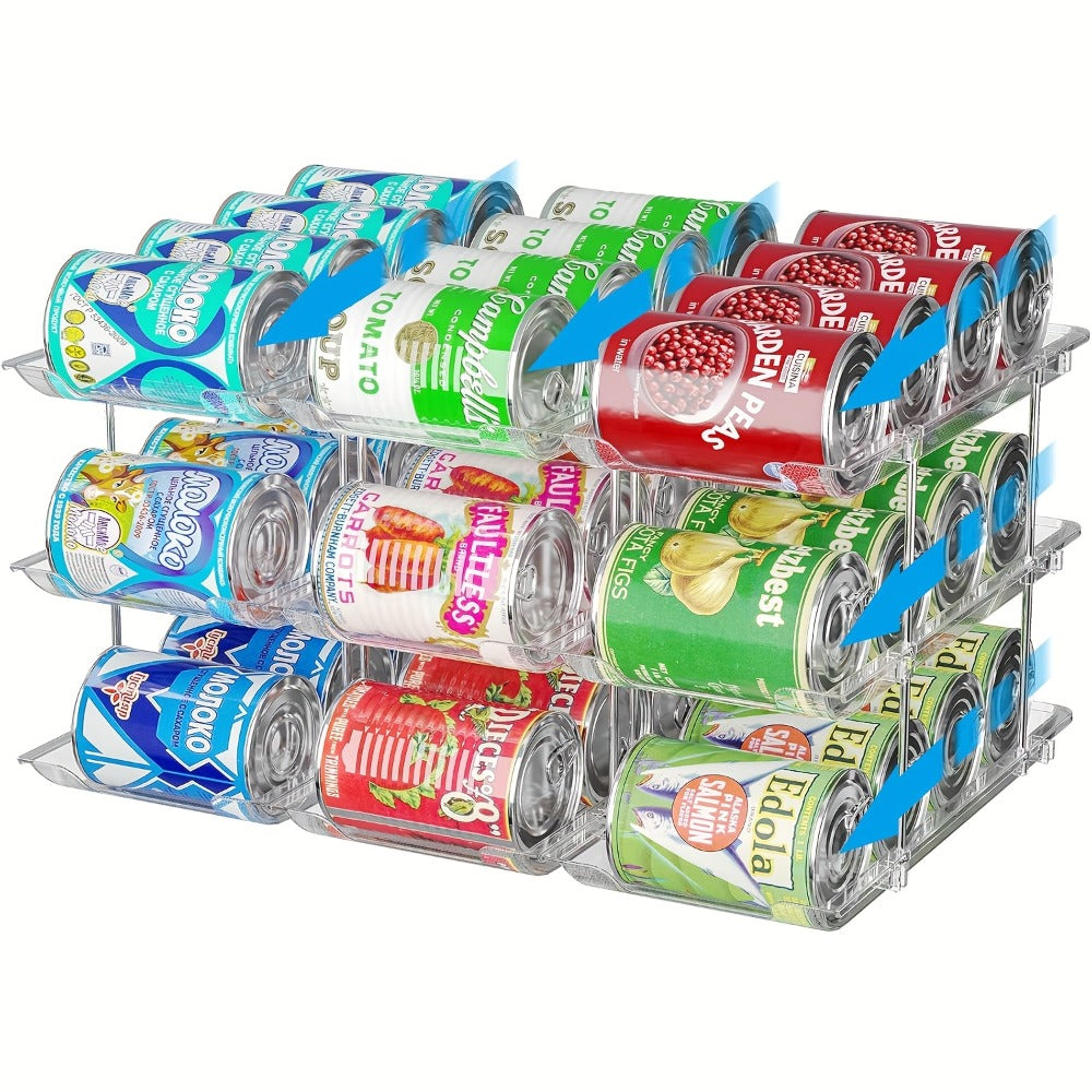 Can Storage Organizer 36-Can 3-Tier Auto-Rolling PET Rack with Assembly Detail for Pantry Use
