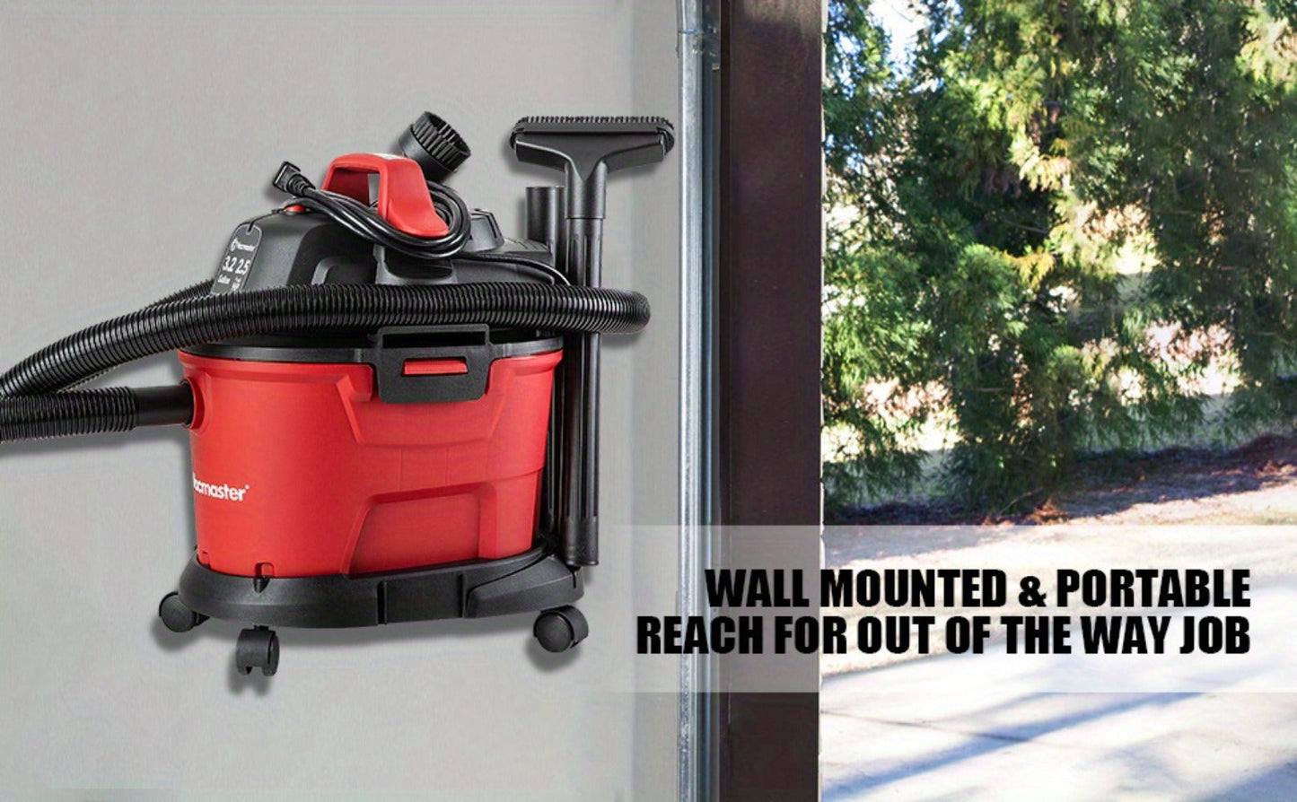 Wall Mount Wet Dry Vacuum 3.2 Gallon 2.5 Peak HP, Space-Saving Shop Vac with Cloth Filter for Wet Spills & Dry Debris