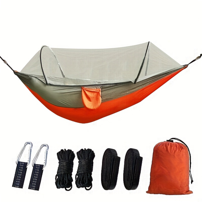 Double Camping Hammock with Zippered Mosquito Net, Sun Shade and Seven Color Checkouts for Outdoor Trips
