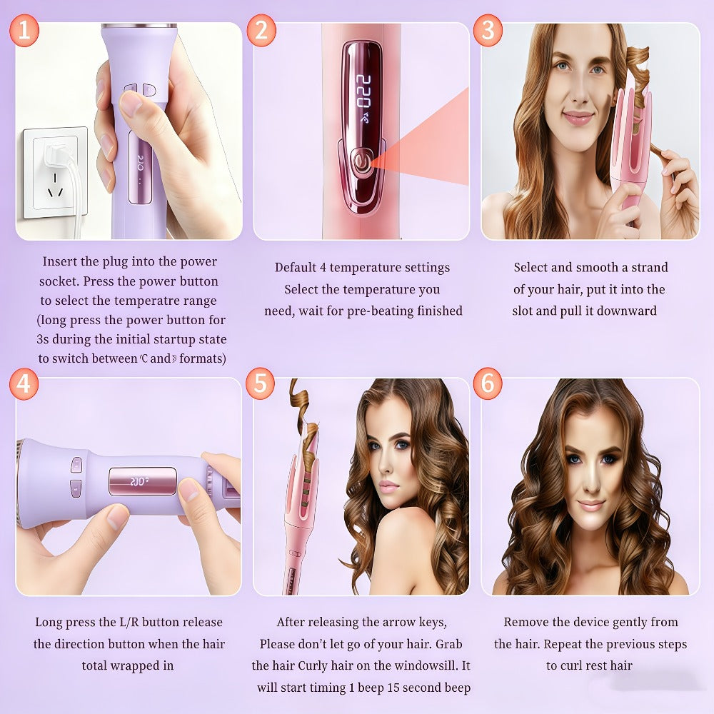 Automatic Rotating Curling Iron 4 Temperature Settings 40M Negative Ion Ceramic Barrel, for Home, Travel and Salon Hair Styling