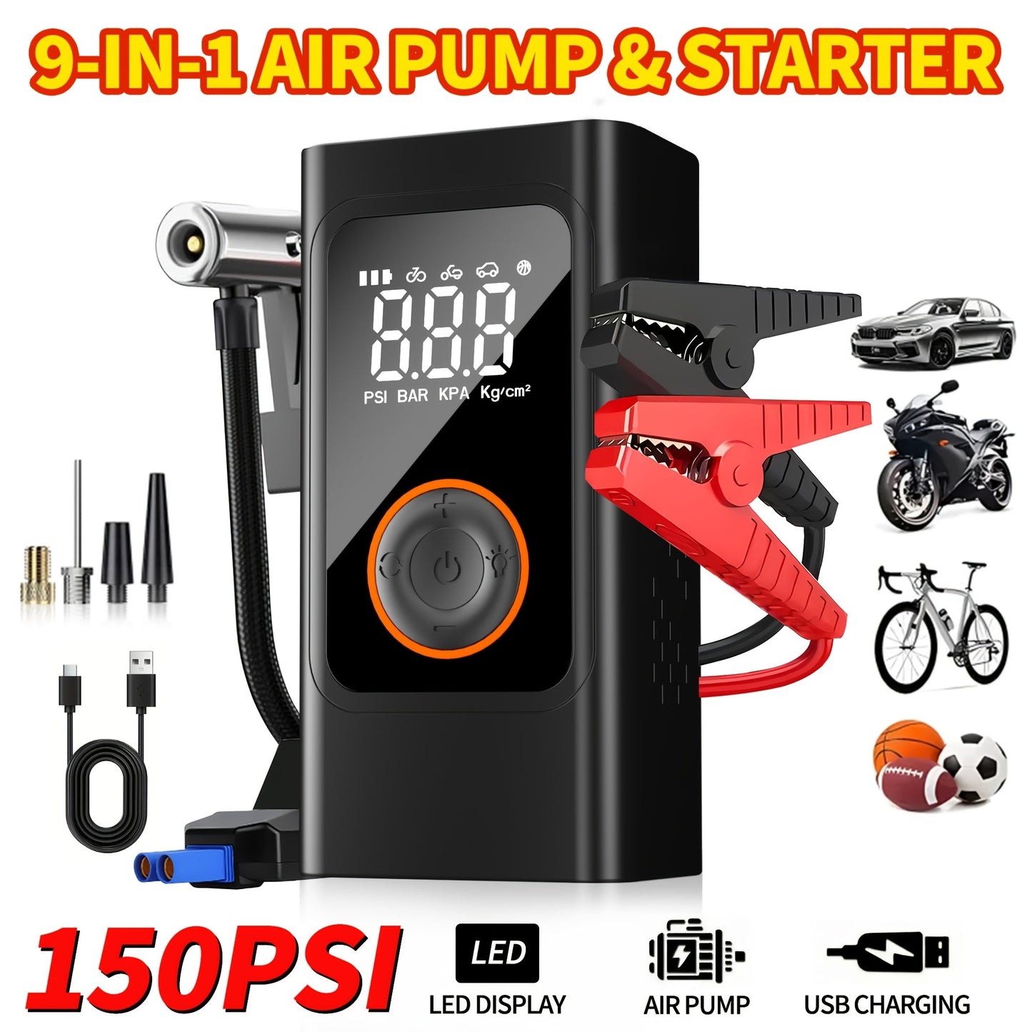 Portable Tire Inflator Air Compressor 150PSI – Cordless Smart Air Pump with Digital Pressure Gauge, LCD Display, 3X Fast Inflation