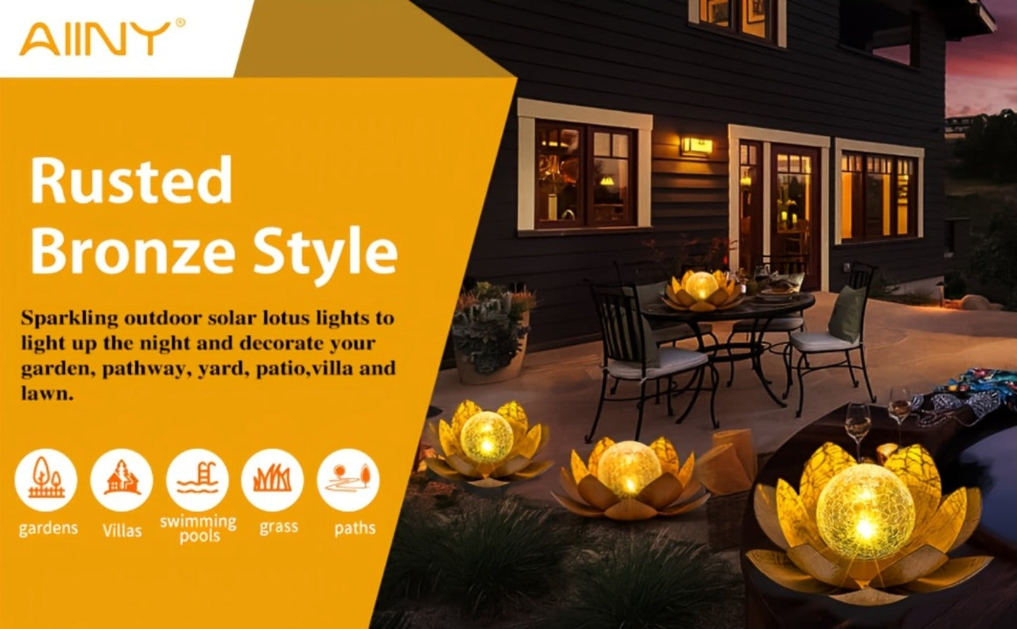 Solar Lotus Cracked Glass Ball Garden Lamp 2pcs, Metal Cracked Ball Solar Light for Outdoor & Indoor Decoration