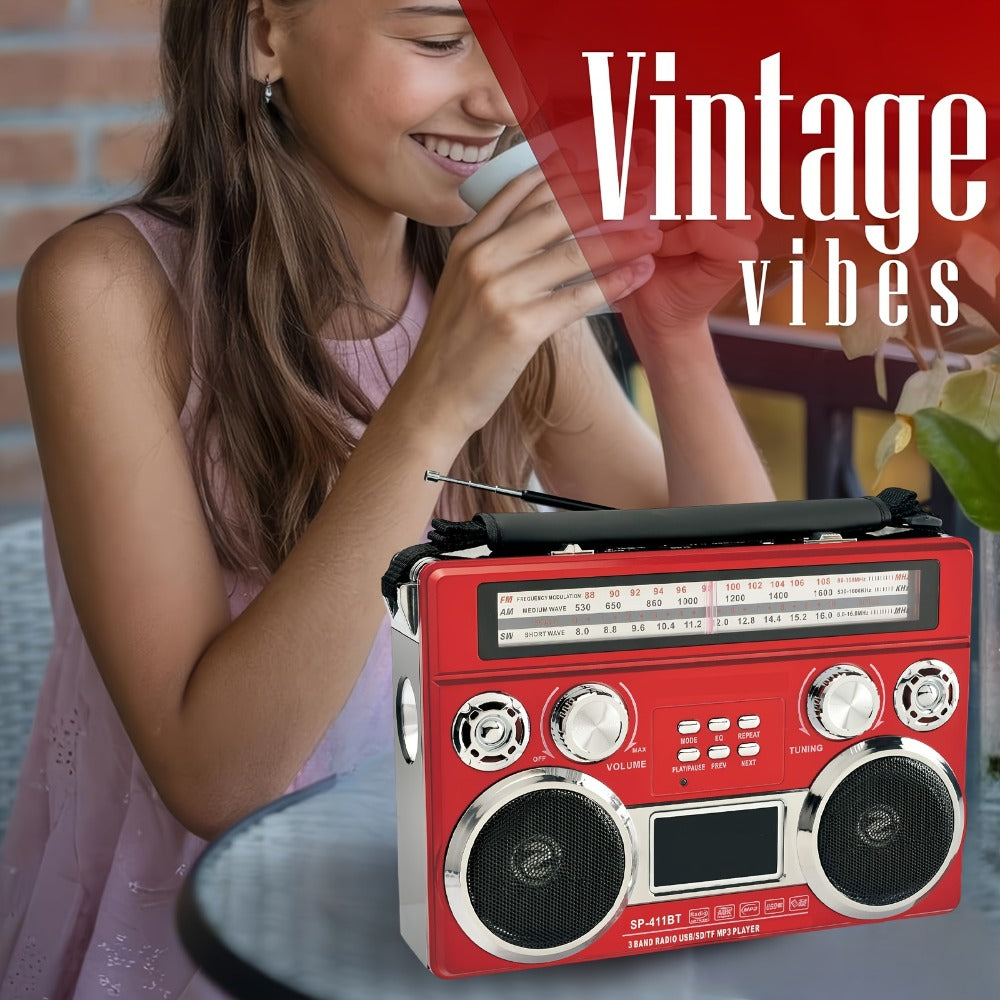 Solar Powered Bluetooth Radio Retro Portable AM FM SW with LED Flashlight, TF SD USB AUX MP3 Playback