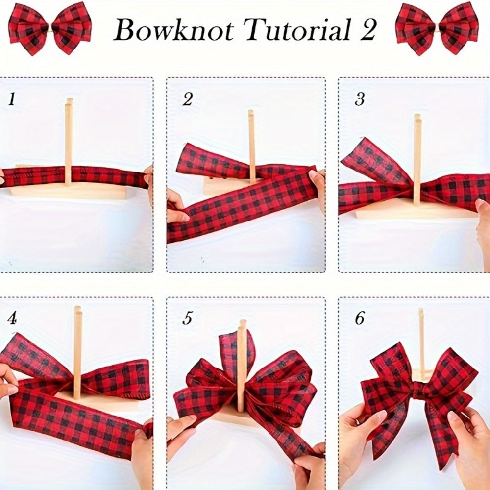 9-Piece Wooden Wreath & Bow Maker Crafting Tool Set, DIY Floral Wreath Molds with Wooden Sticks Rope Checkered Fabric