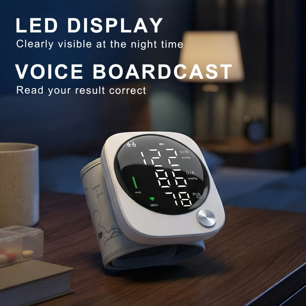 Blood Pressure Monitor for Wrist, USB-Rechargeable LCD Device with Voice and Dual-User Memory
