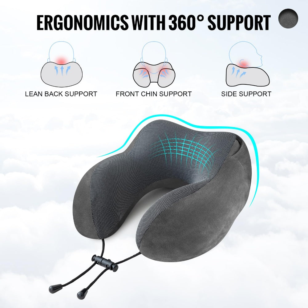 Hooded U-Shaped Travel Neck Pillow with Eye Mask, Carry Bag and Front Drawstrings in Pink, Blue, Black or Grey