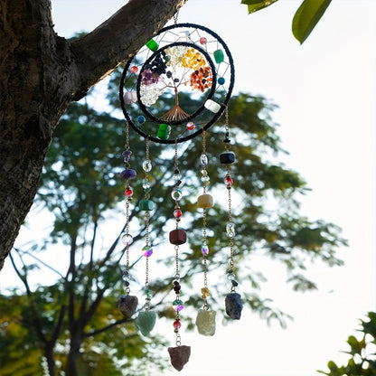 Crystal Wind Chime Suncatcher with Life Tree Pendant - Handmade Bohemian Shattered Stone for Entryways, Bedrooms and Living Spaces