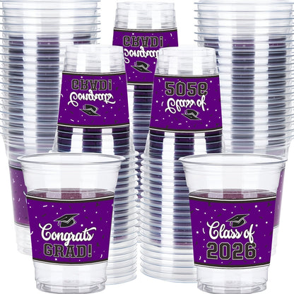 Graduation Plastic Mugs 100 Pack 14oz, 2026 Graduation Party Cups in Black Red Blue Green Purple Maroon for Graduation Ceremony