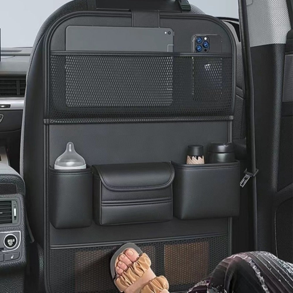 Black PU Leather Car Seat Back Organizer with Laptop Sleeve, Mesh Pockets, Bottle Holders and Foldable Storage