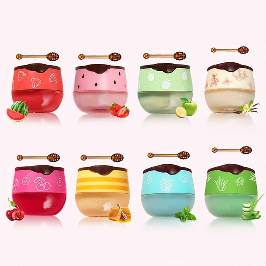 Lip Balm 8-Piece Honey-Pot Jar Set with Eight Flavor Labels, Mini Spoons and Assorted Color Packaging