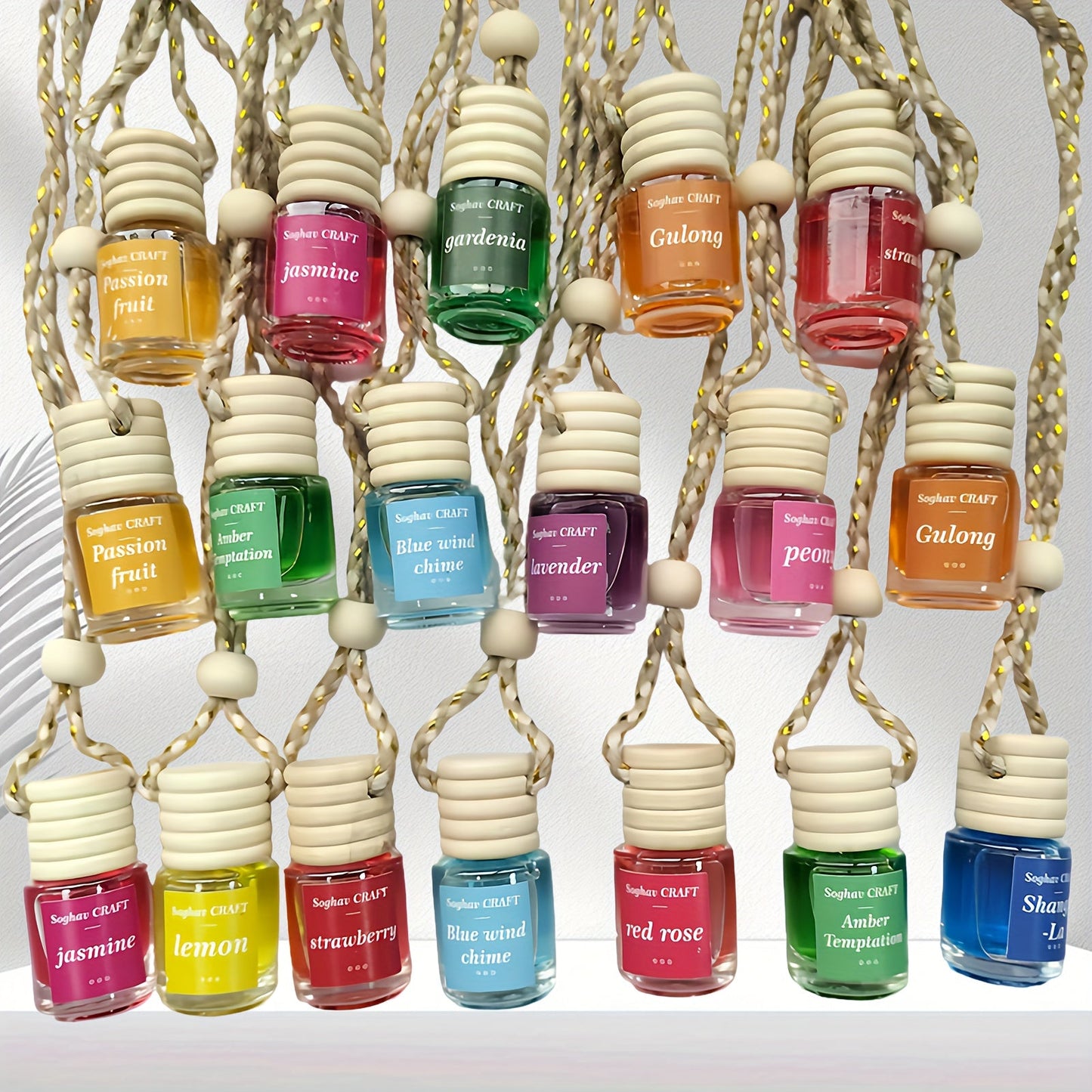 Car Air Freshener 18-Pack Hanging Diffuser Bottles with Six Random Scents and Adjustable Wooden Caps