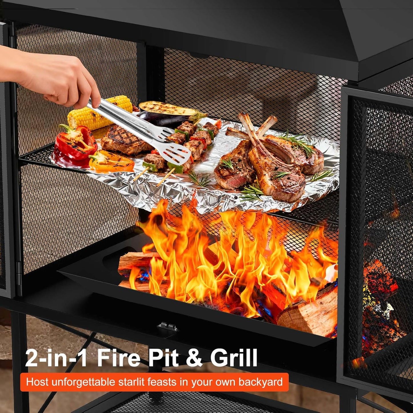 Outdoor Fireplace 39 Inch Rectangular Wood Burning Fire Pit with Grill, Spark Screen & Poker