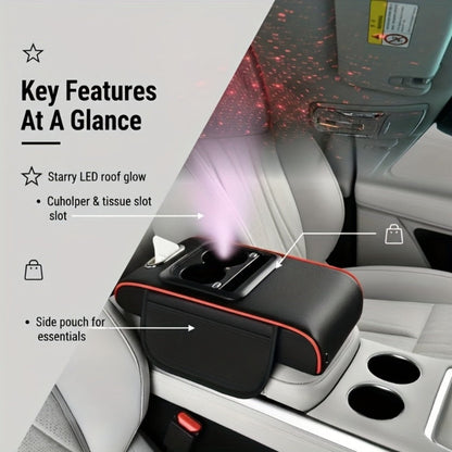 Car Armrest Box Cover Starry Sky Memory Foam Center Console Pad with Type-C USB Charging Port & Storage Pockets