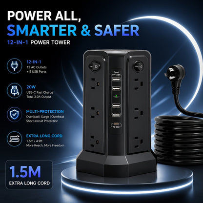 Power Strips with Surge Protection, Tower with 12–16 AC Outlets, 4 USB-A, PD 20W USB-C and 1500J Surge Protection for Home Office Charging