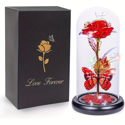 Glass Rose Crystal Flower in Glass Dome with LED Glow - Eternal Galaxy Rose Gift for Women, Mom, Wife