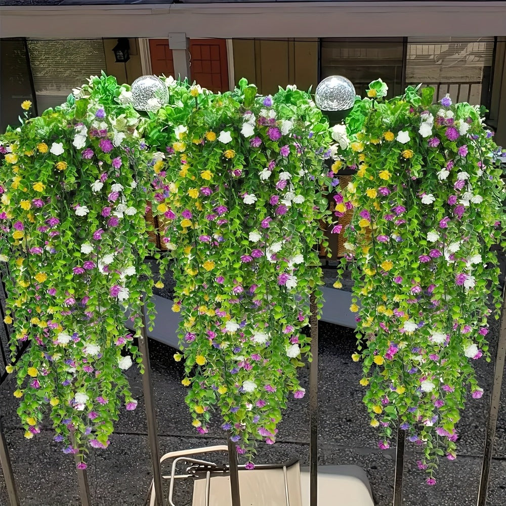 Hanging Artificial Flower Vines, 10-Bunch 30-Inch Set with White or Purple Flowers and Green Leaves