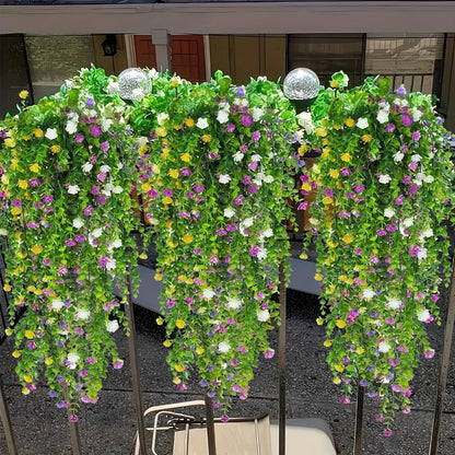 Hanging Artificial Flower Vines, 10-Bunch 30-Inch Set with White or Purple Flowers and Green Leaves