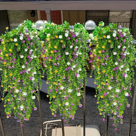 Hanging Artificial Flower Vines, 10-Bunch 30-Inch Set with White or Purple Flowers and Green Leaves