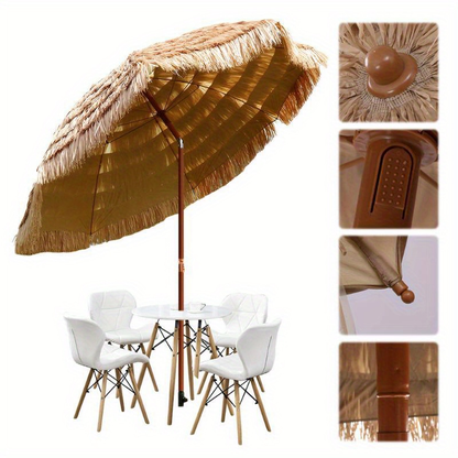 Patio Umbrella 7.5FT Thatch-Style Tiki Design with Steel Pole, Iron Frame, Push Tilt and One-Piece Option