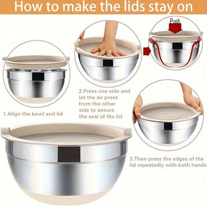 Stainless Steel Mixing Bowls with Airtight Lids 26pcs Set, 3 Grater Attachments, Bottoms, 7Qt 4Qt 2.5Qt 2Qt 1.5Qt 1Qt