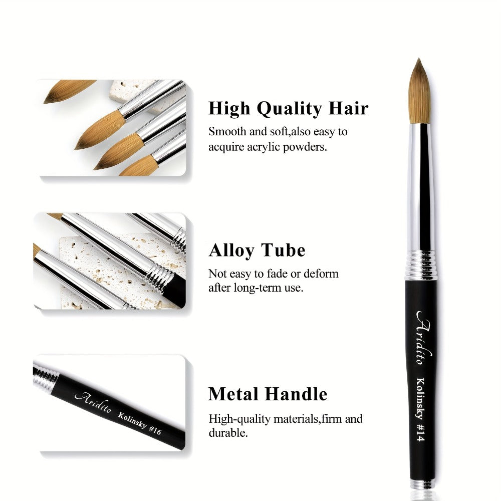 100% Pure Kolinsky Round Head Acrylic Nail Art Brush Black Metal Handle Size 12 14 16 18 – Professional Nail Extension & Acrylic Powder