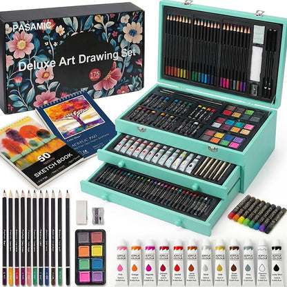 172 Piece Deluxe Art Set in Wooden Case with 2 Drawing Pads Crayons Acrylic with the Listed Color, Size or Set Options for Everyday Use