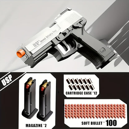 Bullet Toy Gun Pistol with Ejecting Shells & 100 Bullets, Semi- Rapid Fire Foam Blaster for Kids Boys Ages 6+