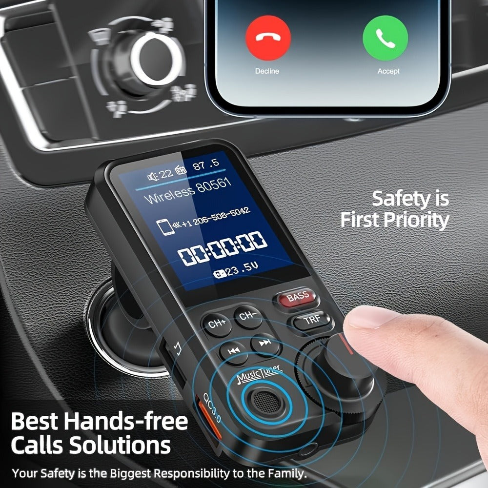 Car FM Transmitter with 1.8-Inch Color Screen, Rotary Control, AUX Port and Four Audio Sources