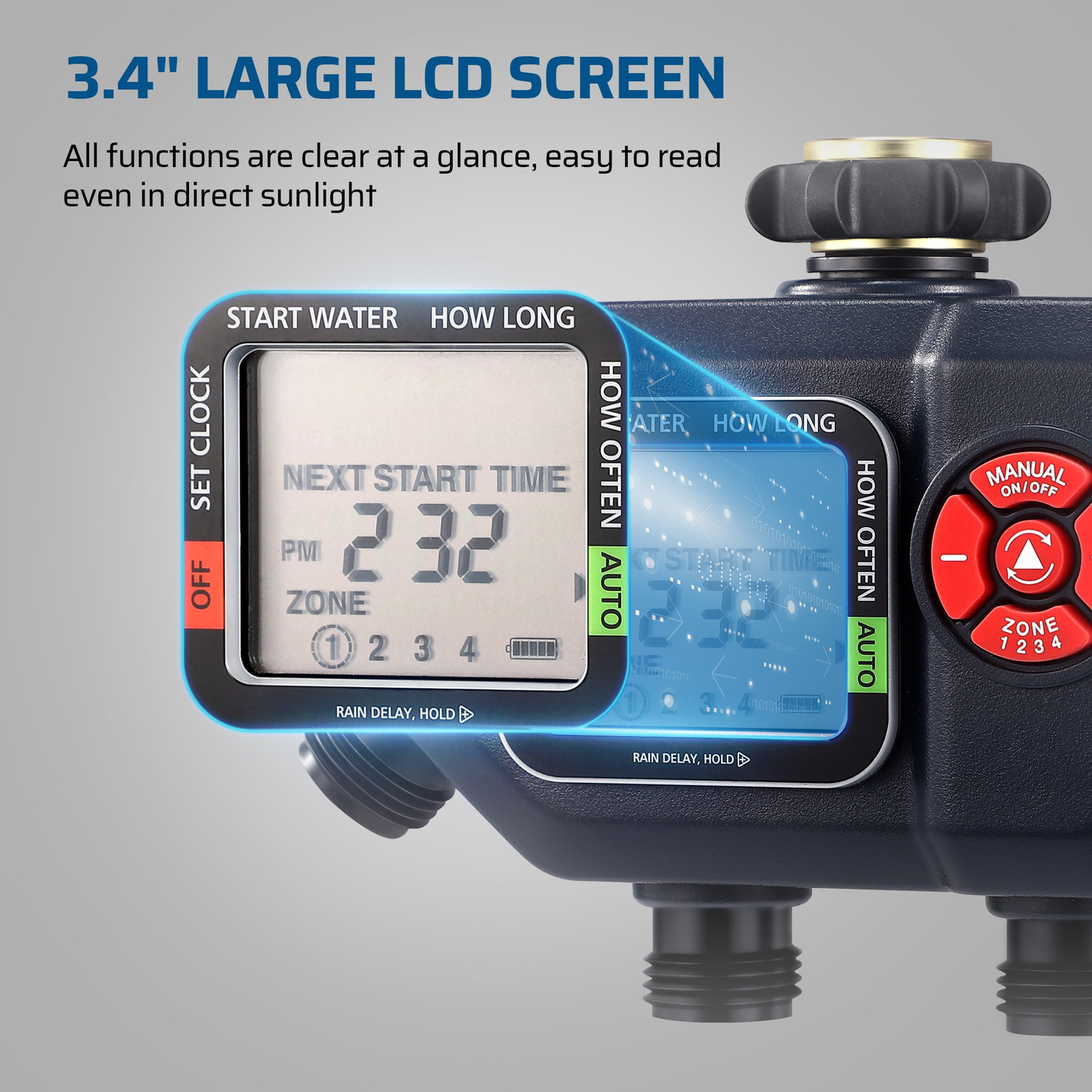 Four-Zone Digital Sprinkler Timer with Independent Water Outlets, LCD Screen, Manual Control and Rain-Delay Mode